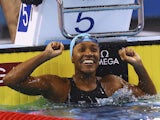 Alia Atkinson of Jamaica reacts after winning Women's 100m Breaststroke Final during day four of the 12th FINA World Swimming Championships (25m) at the Hamad Aquatic Centre on December 6, 2014