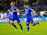 Bastia's Franco Algerian midfielder Ryad Boudebouz celebrates after scoring a goal during the French L1 football match Bastia (SCB) against Rennes (SRFC) on December 13, 2014