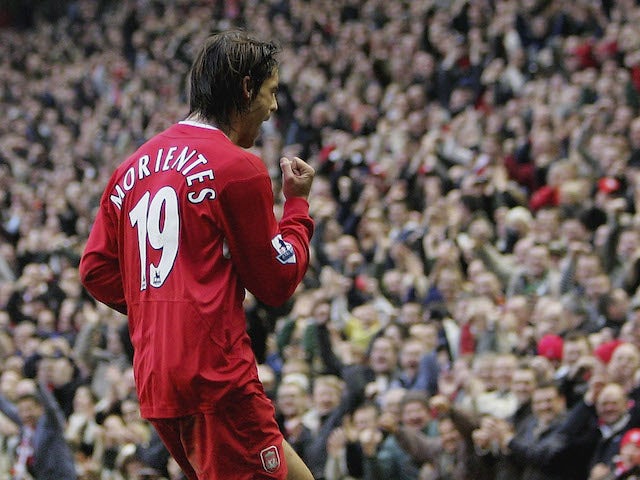 Fernando Morientes of Liverpool celebrates after scoring his second goal during the Barclays Premiership match against Middlesbrough on December 10, 2005