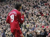 Fernando Morientes of Liverpool celebrates after scoring his second goal during the Barclays Premiership match against Middlesbrough on December 10, 2005