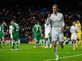 Gareth Bale of Real Madrid CF celebrates scoring their second goal during the UEFA Champions League Group B match against Ludogorets on December 9, 2014