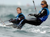 Hannah Mills and Saskia Clark of Great Britain sail on the Copacobana course during the Women's 470 Class as part of the Aquece Rio International Sailing Regatta on August 5, 2014