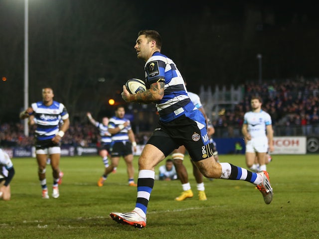 Matt Banahan of Bath scores his second try during the European Rugby Champions Cup Pool Four match against Montpellier on December 12, 2014