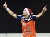 Montpellier's French forward Anthony Mounier celebrates after scoring a goal during the French L1 football match between Montpellier and Lens on December 13, 2014