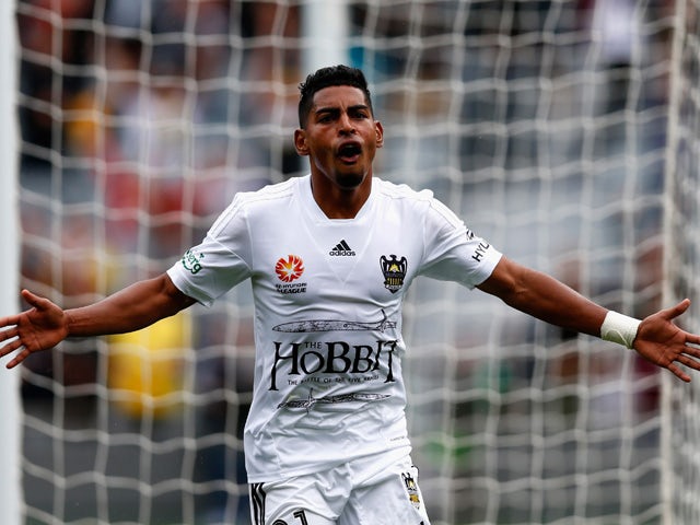 Roy Krishna of the Phoenix celebrates his goal during the round 11 A-League match between the Wellington Phoenix and the Central Coast Mariners at Eden Park on December 13, 2014 