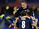 Auckland City players celebrate after scoring a goal during their FIFA Club World Cup third place football match at Marrakesh stadium in Marrakesh on December 20, 2014