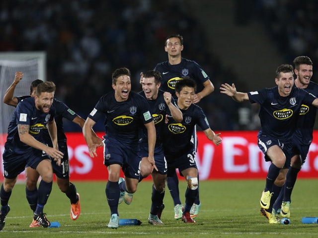 The Auckland City FC players celebrate after their victory in a penalty shoot out against Cruz Azul FC after the FIFA Club World Cup 3rd Place match between Cruz Azul FC v Auckland City FC at Marrakech Stadium on December 20, 2014
