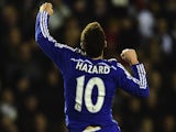 Eden Hazard of Chelsea celebrates his goal during the Capital One Cup Quarter-Final match between Derby County and Chelsea at Pride Park Stadium on December 16, 2014