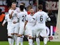 Frankfurt's midfielder Alexander Meier celebrates with teammates after scoring during German first division Bundesliga football match Bayer 04 Leverkusen vs Eintracht Frankfurt at the BayArena in Leverkusen, western Germany on December 20, 2014