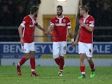 Kane Hemmings of Barnsley(C) celebrates his goal with team mates during the FA Cup Second Round Replay match against Chester City on December 16, 2014