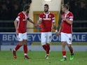 Kane Hemmings of Barnsley(C) celebrates his goal with team mates during the FA Cup Second Round Replay match against Chester City on December 16, 2014