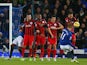 Kevin Mirallas of Everton scores their second goal from a free kick during the Barclays Premier League match against Queens Park Rangers on December 15, 2014