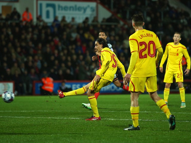 Lazar Markovic of Liverpool scores his team's second goal during the Capital One Cup Quarter-Final match between Bournemouth and Liverpool at Goldsands Stadium on December 17, 2014