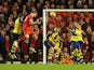 Martin Skrtel of Liverpool heads the equalising goal during the Barclays Premier League match between Liverpool and Arsenal at Anfield on December 21, 2014