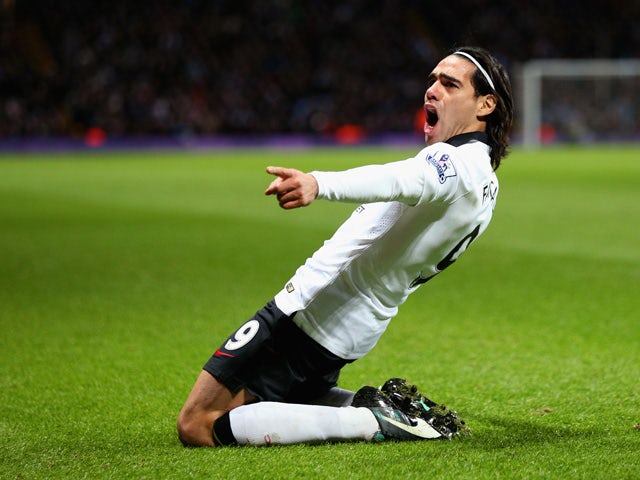 Radamel Falcao Garcia of Manchester United celebrates scoring their first goal during the Barclays Premier League match between Aston Villa and Manchester United at Villa Park on December 20, 2014 