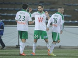 Saint-Etienne's French defender Paul Baysse, Saint-Etienne's French defender Loic Perrin and Saint-Etienne's French midfielder Fabien Lemoine celebrate at the end of the French League Cup football match between Lorient (FCL) and Saint-Etienne (ASSE) on De