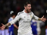 Real Madrid's defender Sergio Ramos celebrates after scoring a goal during the FIFA World Club Cup semi-final football match against Cruz Azul on December 16, 2014