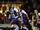 Toulouse's French Malian midfielder Tongo Doumbia jubilates after scoring during the French L1 football match Toulouse (TFC) vs Guingamp (EAG) on December 20, 2014
