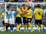 Daniel Tozser of Watford is congratulated by his team-mates after scoring his side's second goal during the Sky Bet Championship match between Blackburn Rovers and Watford at Ewood Park on September 27, 2014
