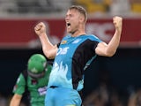 Andrew Flintoff of the Heat celebrates a wicket during the Big Bash League match between the Brisbane Heat and the Melbourne Stars at The Gabba on December 28, 2014