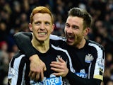 Newcastle player Jack Colback celebrates his goal with Paul Dummett during the Barclays Premier League match against Everton on December 28, 2014