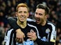 Newcastle player Jack Colback celebrates his goal with Paul Dummett during the Barclays Premier League match against Everton on December 28, 2014