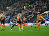Riyad Mahrez of Leicester City scores the opening goal during the Barclays Premier League match between Hull City and Leicester City at KC Stadium on December 28, 2014