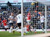  The ball crosses the Tottenham goal line, but is ruled out for offside during the Barclays Premier League match between Tottenham Hotspur and Manchester United at White Hart Lane on December 28, 2014