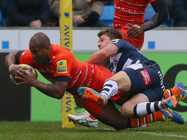 Seremaia Bai of Leicester Tigers crosses the line to score his side's first try during the Aviva Premiership match against Sale Sharks on December 27, 2014