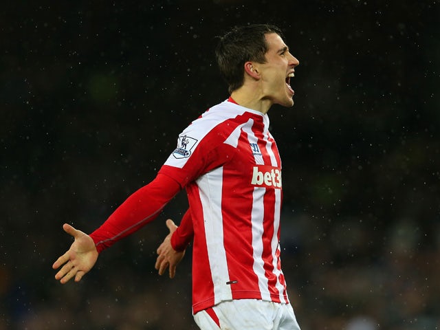 Bojan Krkic of Stoke City celebrates scoring the first goal from the penalty spot during the Barclays Premier League match between Everton and Stoke City at Goodison Park on December 26, 2014
