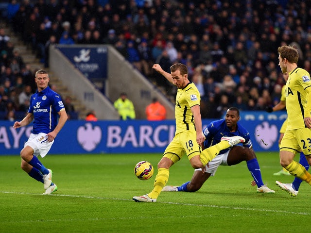 Harry Kane of Spurs scores the opening goal during the Barclays Premier League match between Leicester City and Tottenham Hotspur at The King Power Stadium on December 26, 2014 