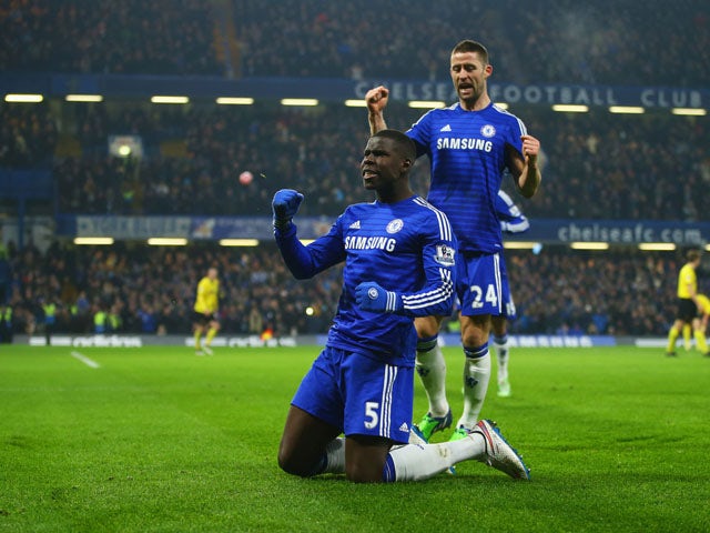 Kurt Zouma of Chelsea celebrates with Gary Cahill as he scores their third goal during the FA Cup Third Round match between Chelsea and Watford at Stamford Bridge on January 4, 2015