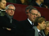 Former Newcastle United manager Alan Pardew looks on as Co-Chairman Steve Parish of Crystal Palace takes his seat during the Barclays Premier League match between Aston Villa and Crystal Palace at Villa Park on January 1, 2015