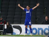 Gary Roberts of Chesterfield celebrates his goal during the FA Cup Second Round Replay match between MK Dons and Chesterfield at Stadium mk on January 2, 2015