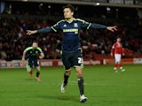 Jelle Vossen of Middlesbrough celebrates his goal during the FA Cup Third Round match between Barnsley and Middlesbrough at Oakwell Stadium on January 3, 2015