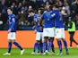 Leonardo Ulloa of Leicester City celebrates scoring the opening goal with team mates during the FA Cup Third Round match between Leicester City and Newcastle United at The King Power Stadium on January 3, 2015