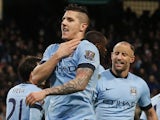 Manchester City's Montenegrin striker Stevan Jovetic celebrates scoring their second goal during the English Premier League football match between Manchester City and Sunderland at the Etihad Stadium in Manchester, north west England, on January 1, 2015