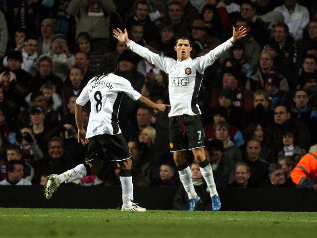 Cristiano Ronaldo of Manchester United celebrates scoring with Andersen during the FA Cup third round football match against Aston Villa at Villa Park, Birmingham 05 January 2008