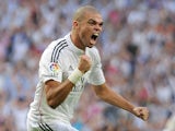 Pepe of Real Madrid CF celebrates after scoring his team's 2nd goal from the penalty spot during the La Liga match against FC Barcelona on October 25, 2014