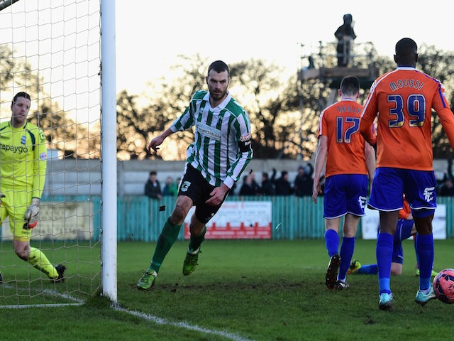Blyth Spartans' Robert Dale celebrates after scoring the opening goal during the FA Cup Third Round match against Birmingham City on January 3, 2015