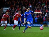 Peter Vincenti of Rochdale scores the opening goal from the penalty spot during the FA Cup Third Round match between Rochdale and Nottingham Forest at Spotland Stadium on January 3, 2015