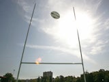 A rugby ball is thrown through the goal post 28 August 2007