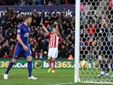Ryan Shawcross of Stoke City celebrates scoring the first goal during the Barclays Premier League match between Stoke City and Manchester United at Britannia Stadium on January 1, 2015