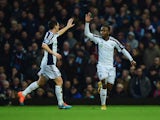 Saido Berahino of West Bromwich Albion celebrates with Graham Dorrans as he scores their first goal during the Barclays Premier League match between West Ham United and West Bromwich Albion at Boleyn Ground on January 1, 2015
