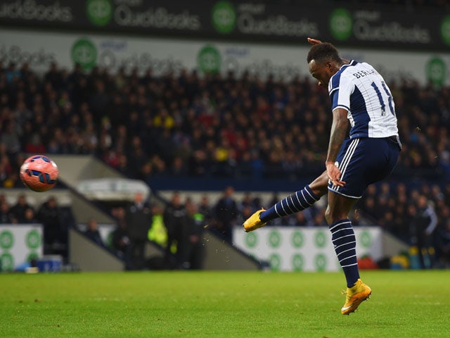 Saido Berahino of West Bromwich Albion scores their first goal during the FA Cup Third Round match between West Bromwich Albion and Gateshead at The Hawthorns on January 3, 2015