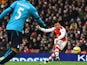 Arsenal's Chilean striker Alexis Sanchez shoots to score their third goal from a freekick during the English Premier League football match between Arsenal and Stoke City at the Emirates Stadium in London on January 11, 2015