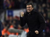 Barcelona's coach Luis Enrique celebrates after a goal during the Spanish league football match FC Barcelona vs Club Atletico de Madrid at the Camp Nou stadium in Barcelona on January 11, 2015