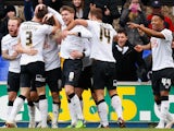 Derby County players celebrate after Chris Martin scored during the Sky Bet Championship match between Ipswich Town and Derby County at Portman Road on January 10, 2015