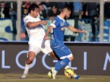 Lorenzo Tonelli of Empoli FC battles for the ball with Luca Toni of Hellas Verona FC during the Serie A match between Empoli FC and Hellas Verona FC at Stadio Carlo Castellani on January 6, 201