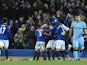 Everton players celebrate after Everton's Scottish striker Steven Naismith scores their equalising goal during the English Premier League football match between Everton and Manchester City at Goodison Park in Liverpool, north west England on January 10, 2